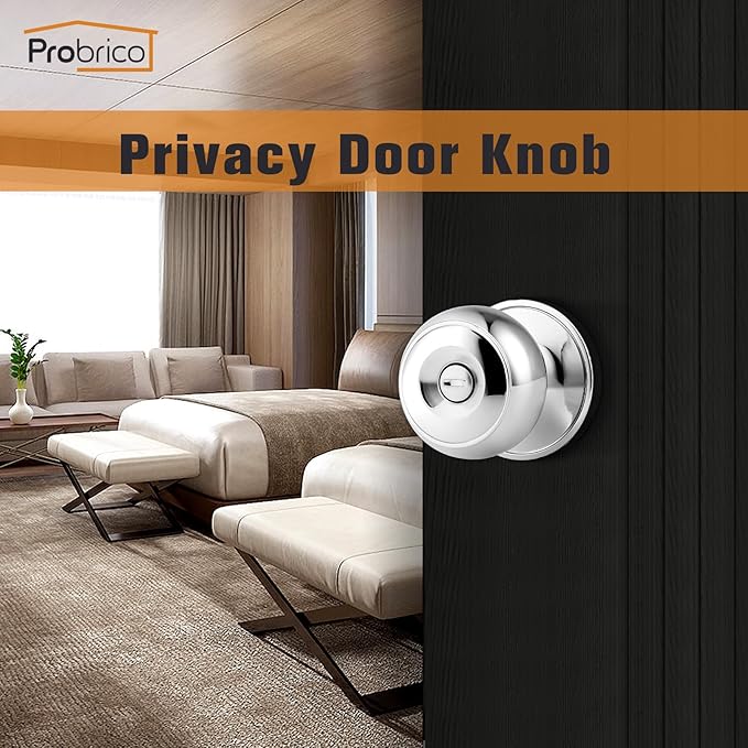 Probrico Polished Chrome Door Knobs, Interior Door Knobs with Round Ball Knob, Nickel Privacy Door Knob for Bedroom Bathroom, 15 Pack