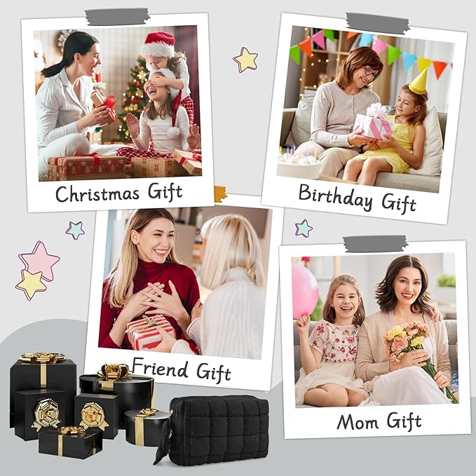 Puffer Quilted Makeup Bag Cosmetic Bags,Puffy Travel Toiletry Pouch for Women,Cute Checkered Zipper Bag Travel Essential,Portable Aesthetic Make up Organizer Bag for Gifts Work Daily(Black,M)