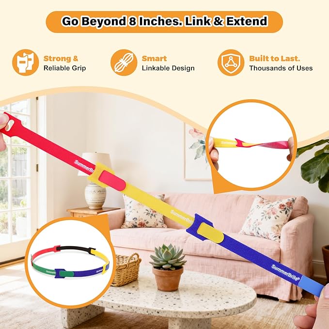 SummerBrite 70 Pack Multi-Color Cable Ties 8 Inch with Writable Labels, Reusable Cord Organizer Straps, Hook & Loop Wire Management for TV, Audio, Ethernet, Electronics & Heavy Duty Cords
