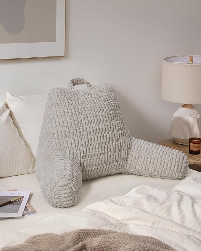 Blissful Diary Reading Pillow, Backrest Pillow with Shredded Memory Foam for Adult & Children, Designed for Bed and Couch Sitting Up, Includes Arms, Pockets and Washable Cover, Light Gray