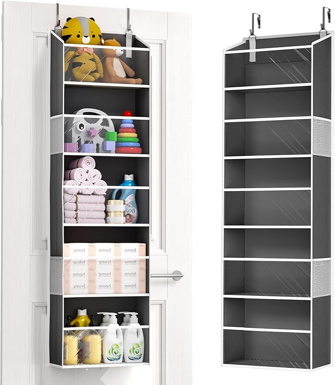 ULG Clear Over The Door PVC Organizer with 4 Pockets Hanging Storage for Bathroom, Closet, or Bedroom，Dark Gray