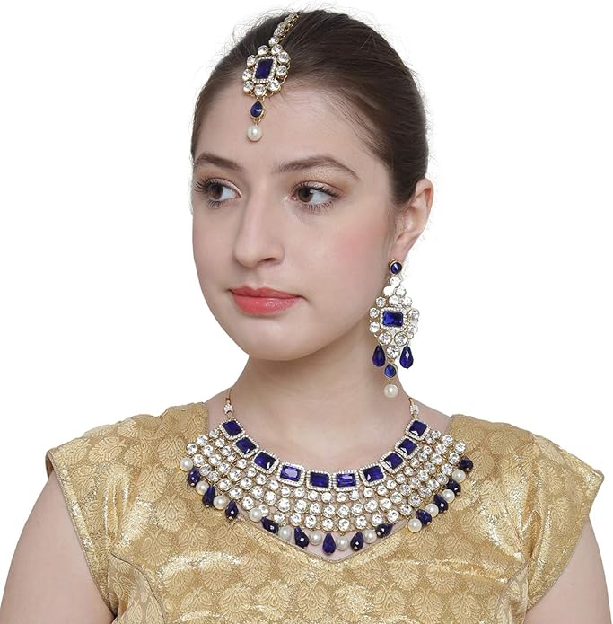 Aheli Kundan and Simulated Colored Stones Indian Ethnic Maang Tikka Necklace and Earrings Set Bollywood Festive Statement Jewelry Gift for Women