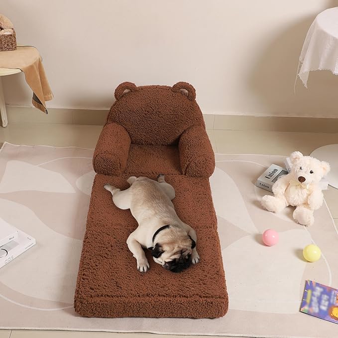 Foldable Kids Sofa, Sherpa Teddy Bear Toddler Couch with Tri Folding Foam Cushions, Comfy Kids Couch for Kids Age 18 Months and Up