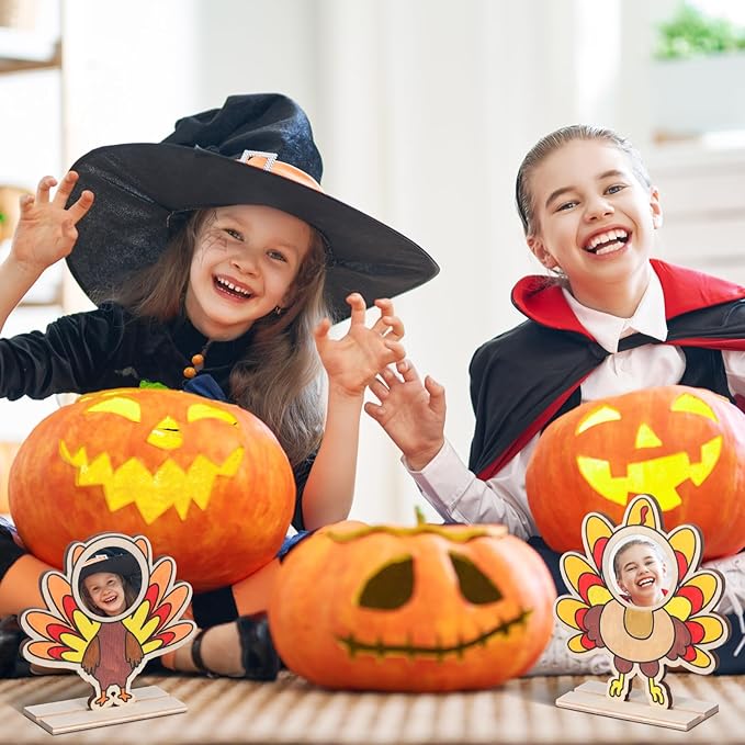 Jetec 12 Sets Thanksgiving Turkey Craft for Kids Color Your Own Thanksgiving Wooden Picture Frame Craft DIY Thanksgiving Turkey Wood Decorations Craft for Classroom Home Activities Party Favor Gifts