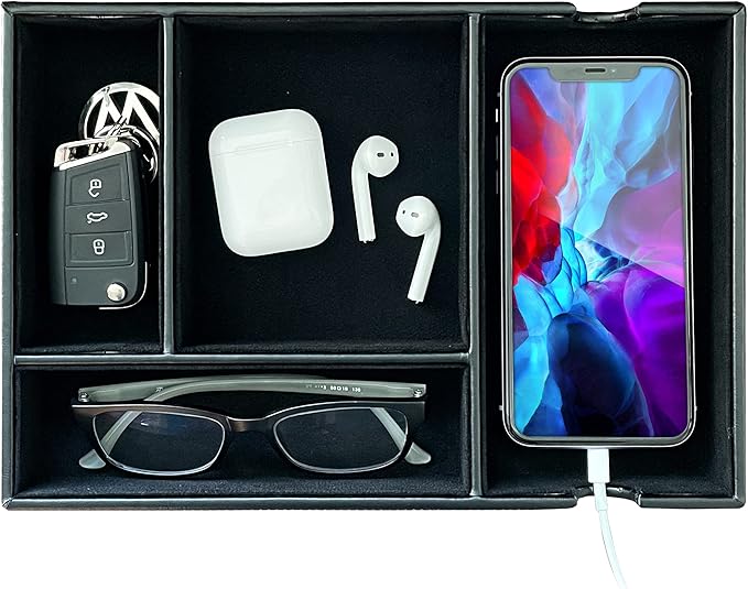 Valet Tray for Men and Women - PU Leather Desktop Organizer with 4 Compartments, Dresser Catchall Tray for Keys, Watch