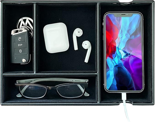 Valet Tray for Men and Women - PU Leather Desktop Organizer with 4 Compartments, Dresser Catchall Tray for Keys, Watch