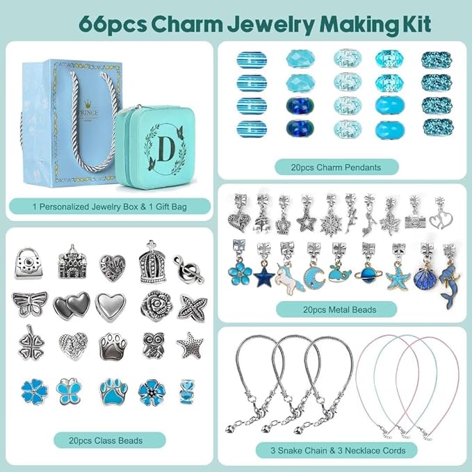 Charm Bracelet Making Kit, Kid Jewelry Making Kit for Girls 8-12, Unicorn Craft Kits for Teen Girls Toys Ages 3-10 Years Old Girl Gifts Trendy Stuff Birthday Christmas Gift with Initial Jewelry Box- D