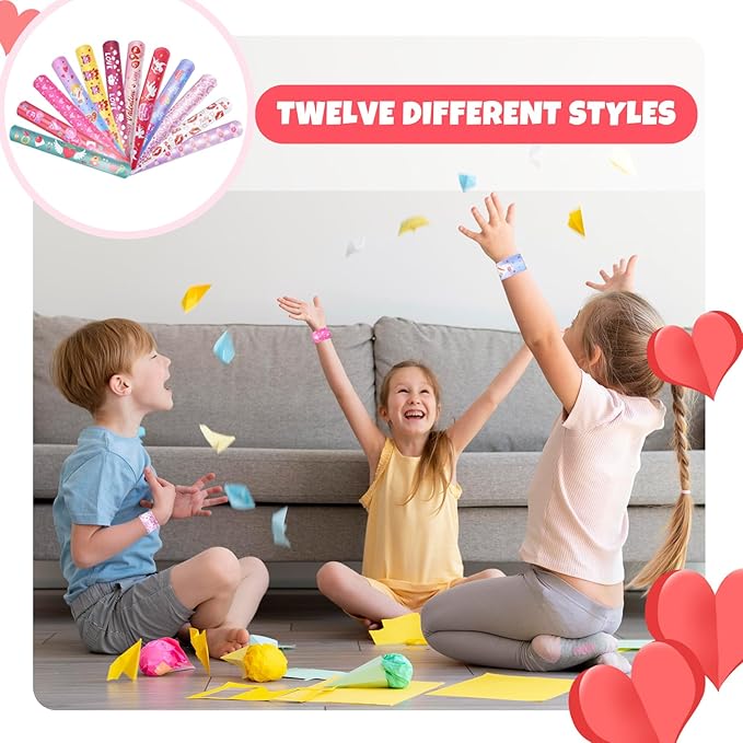 48 Pieces Valentine's Day Slap Bracelets Bulk Party Favors for Kids - 12 Designs Love and Hearts Snap Bands, Classroom Exchanges, Goodie Bag Fillers Stuffers, Wrist Decorations Gifts Prizes Supplies