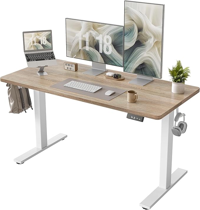 TIQLAB Height Adjustable Electric Standing Desk, 55 x 24 inch, Sit Stand Up Desk, Splice Board, Computer Home Office Desk, White Frame/Maple Top