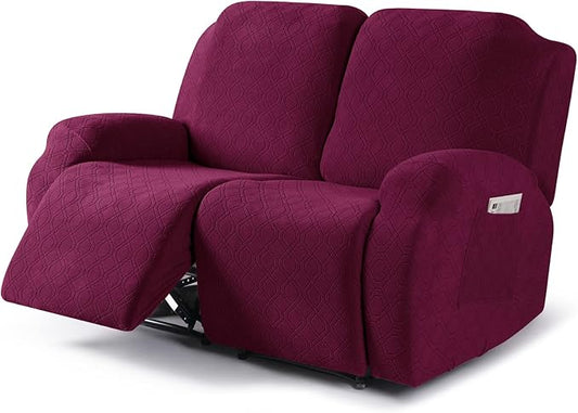 VANSOFY Recliner Cover, 2-Pieces Stretch Reclining Couch Cover with Pockets Loveseat Sofa Slipcovers Soft Washable Furniture Protector for Dogs Cats(Burgundy)