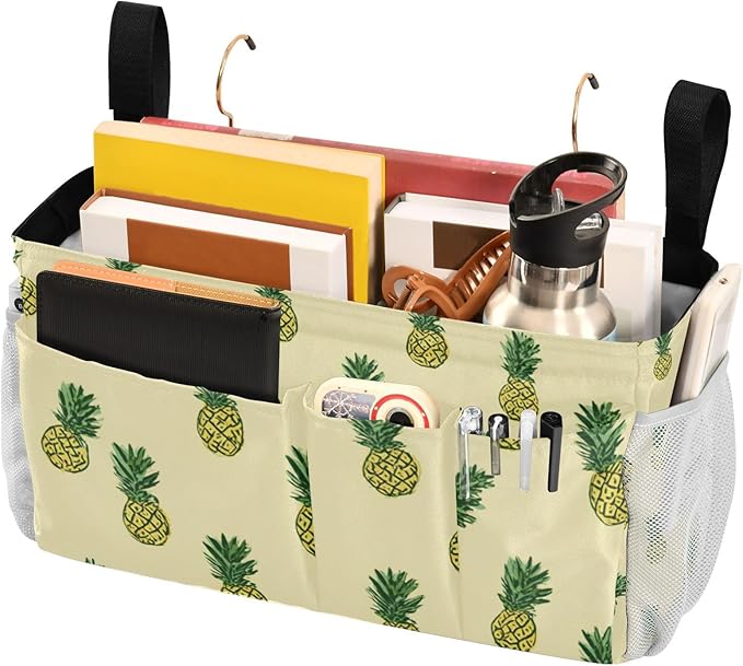 Light Yellow Pineapple01 Bedside Caddy for Dorm Bed Bedside Hanging Caddy Bag Iron Frame Storage Organizer Pocket for Bunk Home College Hospital Beds 2 Hooks