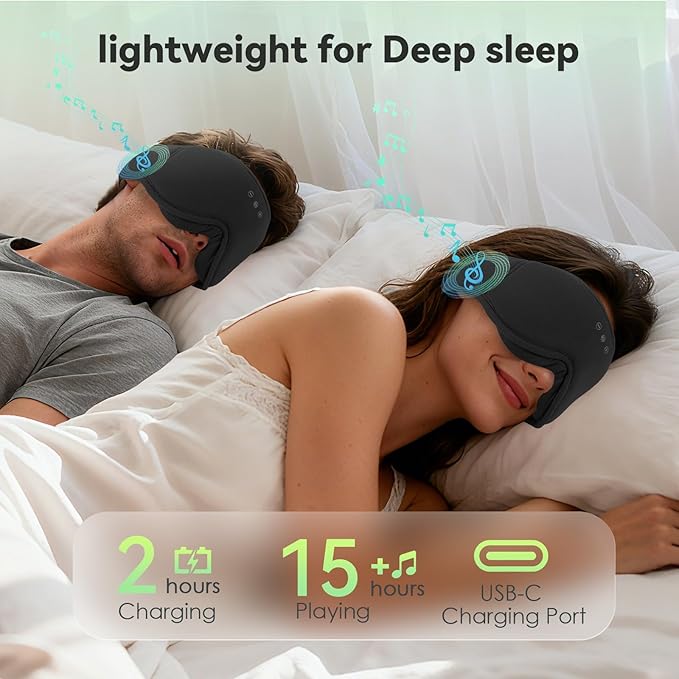 BeMyLady 3D Bamboo Cotton Sleep Mask with Bluetooth 5.4 Headphone, Music Wireless Bluetooth Blackout Eye Mask for Side Sleepers, Earphones HD Speaker Microphone for Travel, Gifts for Women Men, Black