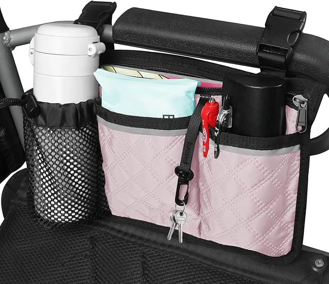 Wheelchair Bag with Cup Holder, Wheelchair Accessories Armrest Side Bag Multi Pockets Pouch for Electric Wheelchairs, Walker, Rollators & Mobility Scooters, Adults, Seniors, Pink