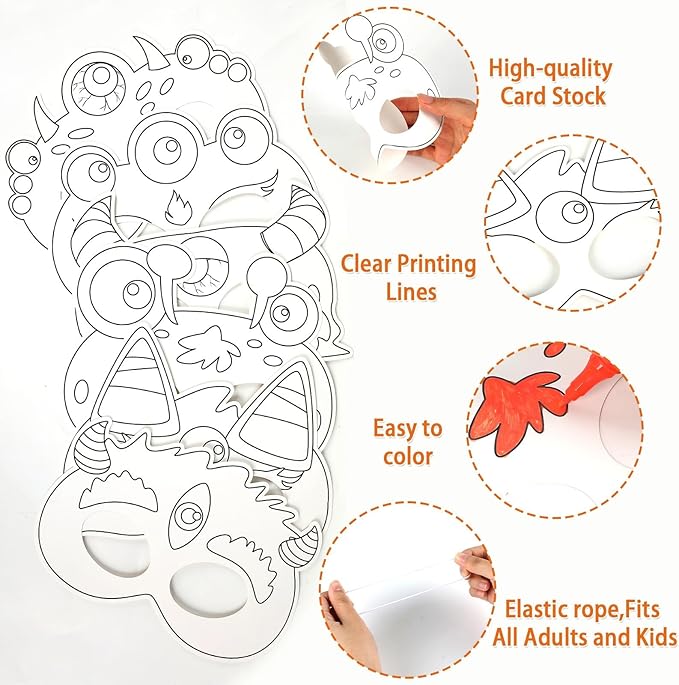 36 Set Monster Coloring Mask Halloween Paper Arts Crafts Kid Color Your Own Animal Blank DIY Mask Masquerade Birthday Dress-Up Party Decoration Favor School Classroom Activity Game Supplies