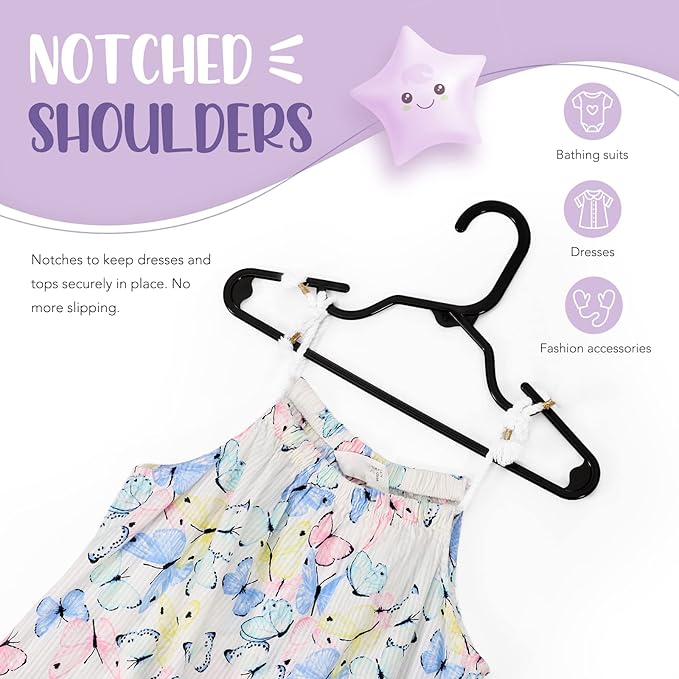 HOUSE DAY Plastic Baby Hangers for Closet 20 Pack, Durable Plastic Kids Hangers for Baby Clothes, Thin & Compact Childrens Hangers, Space Saving Black Baby Hangers, Small Hangers for Kids Clothes