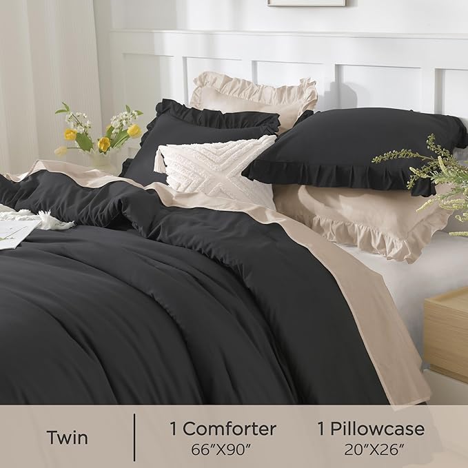 Andency Twin Size Comforter Set Black, 2 Pieces Kids Bedding Comforter Set for Twin Bed, Ruffle Farmhouse Shabby Chic Soft Microfiber Bed Set for Boys