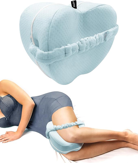 SPRING SEAON Knee Support Pillow for Side Sleepers – Deep Contour Memory Foam Leg Pillow with Adjustable Strap for Sciatica, Hip, Back & Knee Pain Relief – Breathable, Washable Cover, Blue