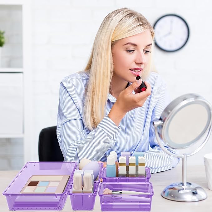 15 PCS Clear Plastic Drawer Organizer Set, 4-Size Acrylic Drawer Storage Trays, Storage Bins for Makeup, Gadgets, and Jewelry in Bathroom, Bedroom and Office, Clear Purple