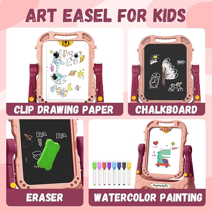 Art Easel for Kids with Magnetic Drawing Board, Double Sided Easel with Magnetic Letters & Numbers Easel, Adjustable Standing Easel for Toddler, Creative Play for Kids (Pink)