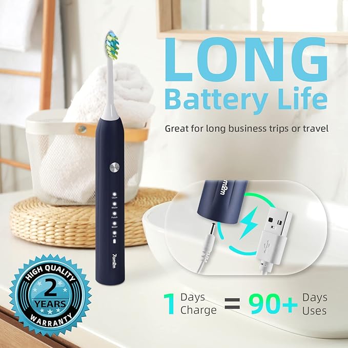 7AM2M Sonic Electric Toothbrush for Adults and Kids, with 8 Brush Heads and Travel Case,5 Modes with 2 Minutes Build in Smart Timer, One Charge Use for 90 Days, Rechargeable Toothbrushes (Navy Blue)
