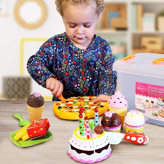FUNERICA Play Food Goodies Set with Storage Box - Features Cutting Pizza, Ice Cream, Toy Birthday Cake, Fries, Dessert – Pretend Kitchen Toys for Toddlers, Boys, Girls