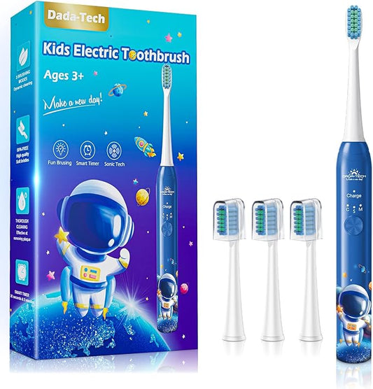 Kids Electric Toothbrush Rechargeable Age 3-5-6-12-18 Year Old, Childrens Electric Toothbrush with Timer 3 Modes 4 Vibrating Heads Habit Stickers 31000VPM Boys Electric Toothbrush (Astronaut Blue)