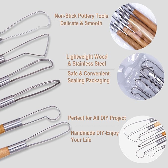 EuTengHao 61Pcs Ceramic Clay Tools Kit Pottery Tools Clay Sculpting Shapers Carving Tool Set Contains Most Essential Wooden Clay Tools for Potters Beginners