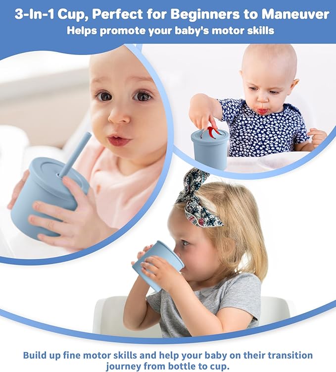 Silicone Baby Feeding Set, 10 Pcs Baby Led Weaning Supplies with Suction Bowl Divided Plate Adjustable Bib Soft Spoon Fork Snack Cup with Lid Drinking Cup, Utensil (Blue)