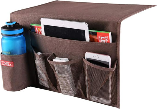 5 Pockets Bedside Caddy, Bedside Storage Organizer for Water Bottles, Magazines, Phone, Glasses (5 Pockets-Coffee)