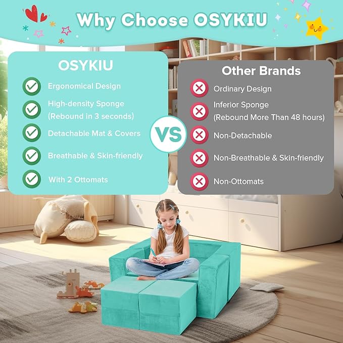 Kids Couch Sofa, 7 Pcs Modular Toddler Couch, Freely Removable Kids Chair Sofa for Playing, Creativity, Sleeping, Versatile Fold Out Baby Play Couch Set for Playroom, Bedroom Furniture