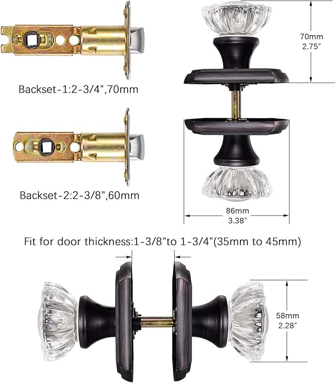 CLCTK Passage Glass Door Knobs Interior, Antique Crystal Door Knobs for Hall Closet, Oil Rubbed Bronze Door Knob