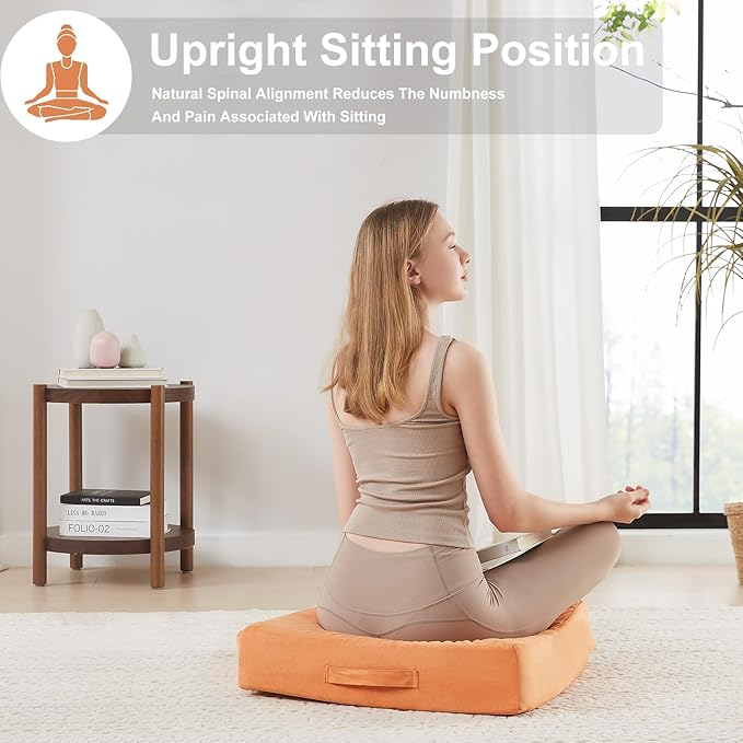 22 inches Floor Pillow for Adults - Large Meditation Cushion with Thick Foam & Soft Tufted Cover - Premium Outdoor Square Floor Cushion Seat - Yoga Pillows for Sitting On Floor - Orange