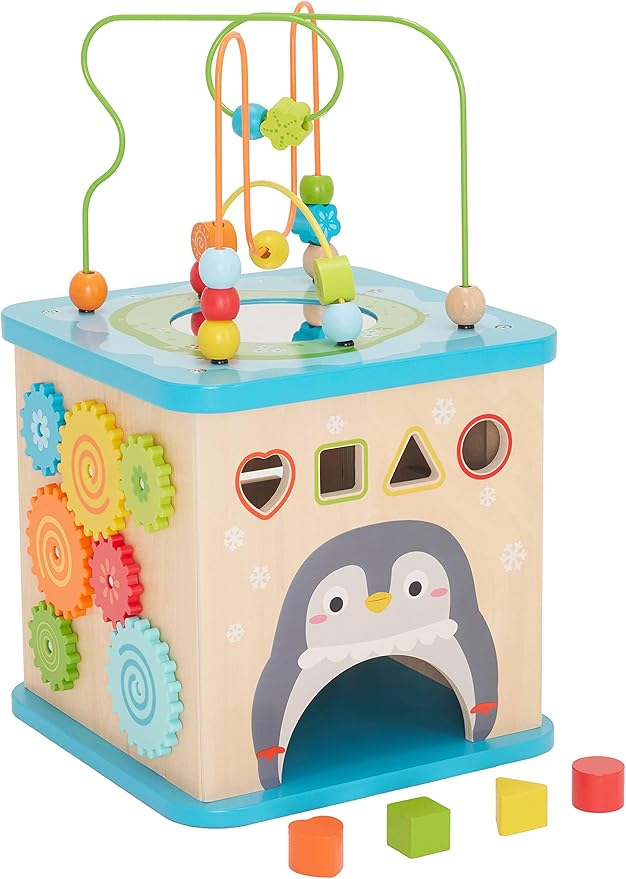 Amazon Basics Kids Wooden Educational Activity Learning Cube Toy, Gift for Toddlers Age 12M+, Developmental Shape Sorter, Multicolor, 13.4x22.5x13.4inches