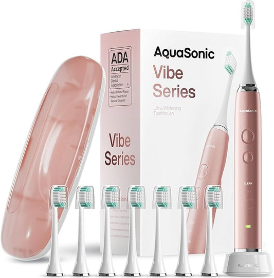 Aquasonic Vibe Series Ultra-Whitening Toothbrush – ADA Accepted Electric Toothbrush - 8 Brush Heads & Travel Case – 40,000 VPM Motor & Wireless Charging - 4 Modes w Smart Timer – Satin Rose Gold