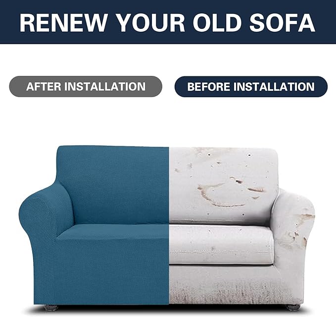 2025 New Stretch Loveseat Sofa Slipcovers Couch Cover for 2 Cushion Furniture Protector Sofa Covers with Elastic Bottom Jacquard Fabric Small Checks for Pets, Kids - Peacock Blue