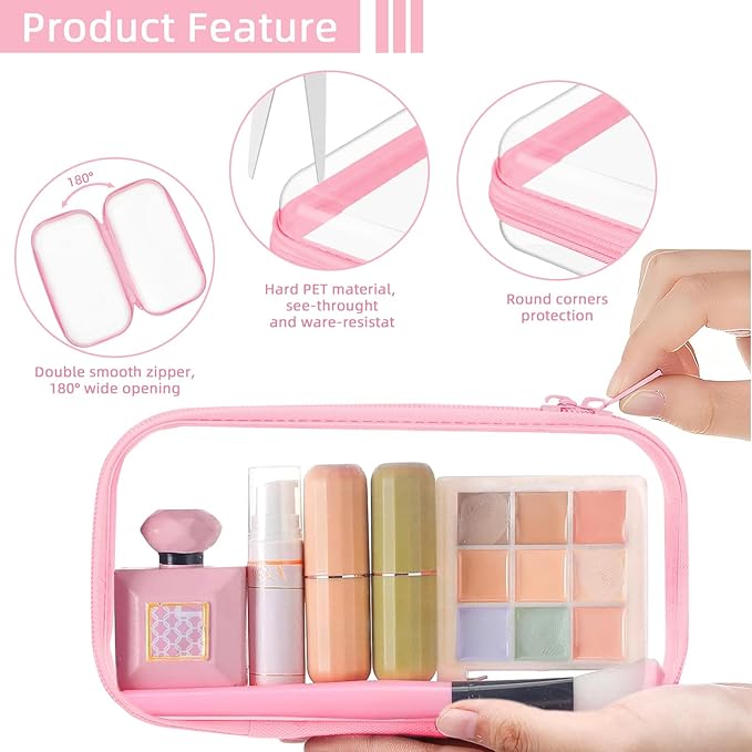 Clear Hard Shell Zipper Case,Clear Toy Storage Pouch,Waterproof Transparent Organizer Comestic Case for Travel, Office, Home (Pink, 3*S)