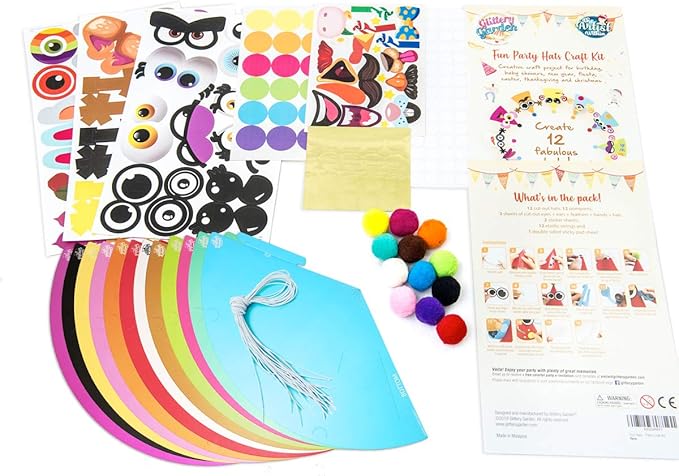 Glittery Garden 24 Pcs Party Hats Birthday Activity Kit with Stickers - Kids Fun Arts & Crafts. Make Your Own Animal & Monster Theme Party Favors & Game Supplies