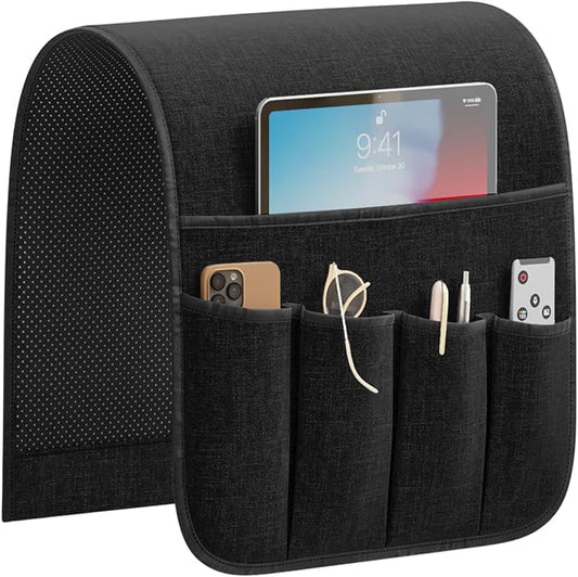 Sofa Armrest Organizer Non-Slip Remote Control Holders for Recliner Couch Chair Armchair Caddy with 5 Pockets for Table,Cell Phone,Ipad,Magazines,Books (13x35In, Black)