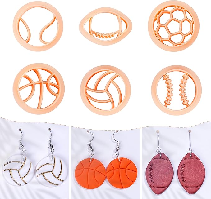 Puocaon Sports Polymer Clay Cutters - 6 Shapes Sports Balls Clay Cutters for Polymer Clay Earrings Making, Football Baseball Shapes Polymer Clay Cutters for Jewelry Making, Sports Clay Cutters Set