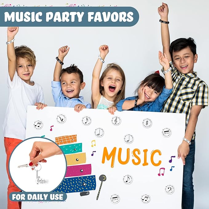 187 Pieces Music Party Favors with Music Notes Silicone Bracelets, Metal Musical Note Keychains, Round Label Stickers, Thank You Tags and Sheer Organza Bags for Music Theme Party Supplies Decorations