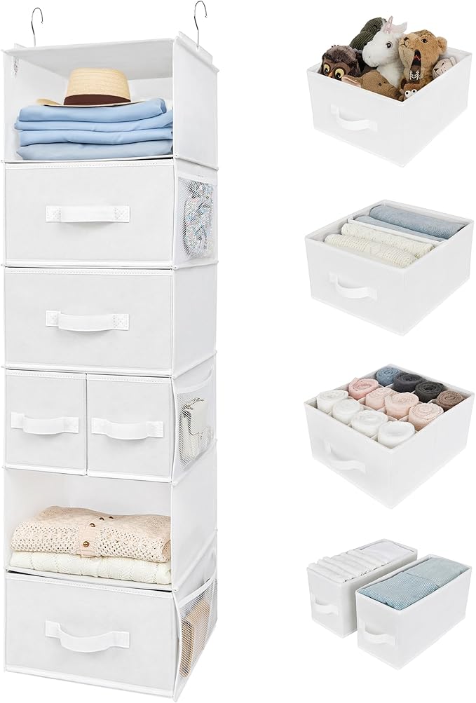 GRANNY SAYS Hanging Closet Organizer and Storage, 6 Shelf Clothes Organization with Drawers, 6 Side Pockets Closet Hanging Shelves for Bras, Socks, Underwear, Nursery Room, Wardrobe, White, 1-Pack