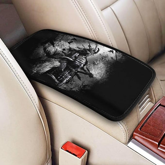DORKEIXIA Japanese Black Samurai Night Line Art Auto Center Console Armrest Pad Universal Car Center Console Cover Seat Box Cover for Sedan, Van, SUV, Truck Car Accessorie