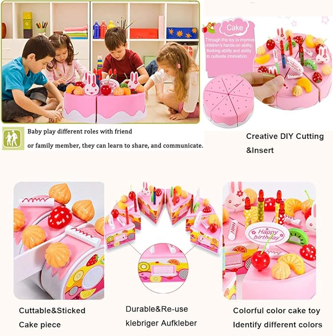38 PCS DIY Cutting Birthday Party Cake Toy Pretend Play Kitchen Food Toys Set,DIY Fruit Cutting Kitchen Toys Pink/Blue Cut Cake Toys for Girls Boys Gift (38PCS Blue)