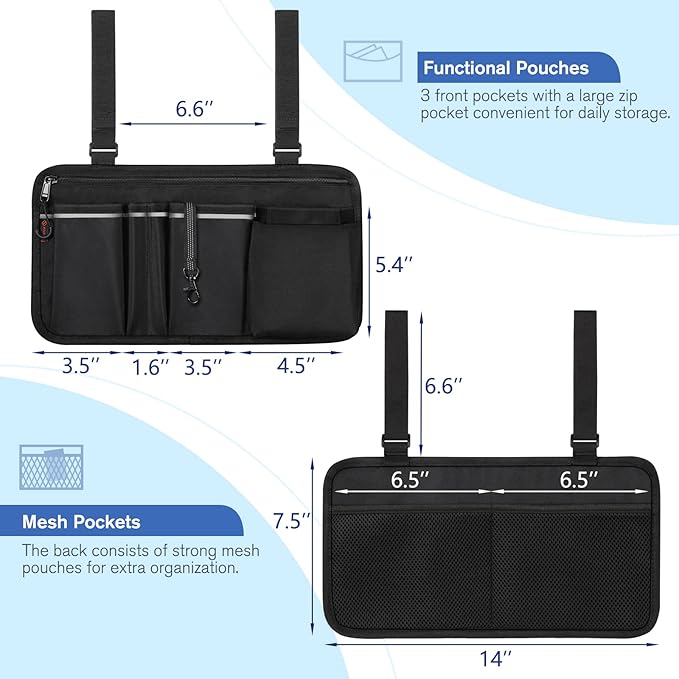 FINPAC Wheelchair Side Organizer Bag with Cup Holder, Wheelchair Armrest Accessories Pouch with Pen Slot and Reflective Strips for Power Wheelchairs, Walkers, Rollators, Adults, Seniors - Black