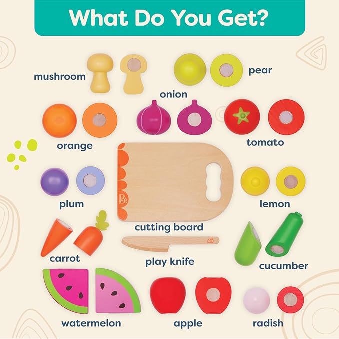 B. toys- Chop 'n' Play - Wooden Fruits & Veggies- Pretend Play Playset- Sliceable Play Food for Toddlers, Kids – Play Knife & Cutting Board – 2 Years +