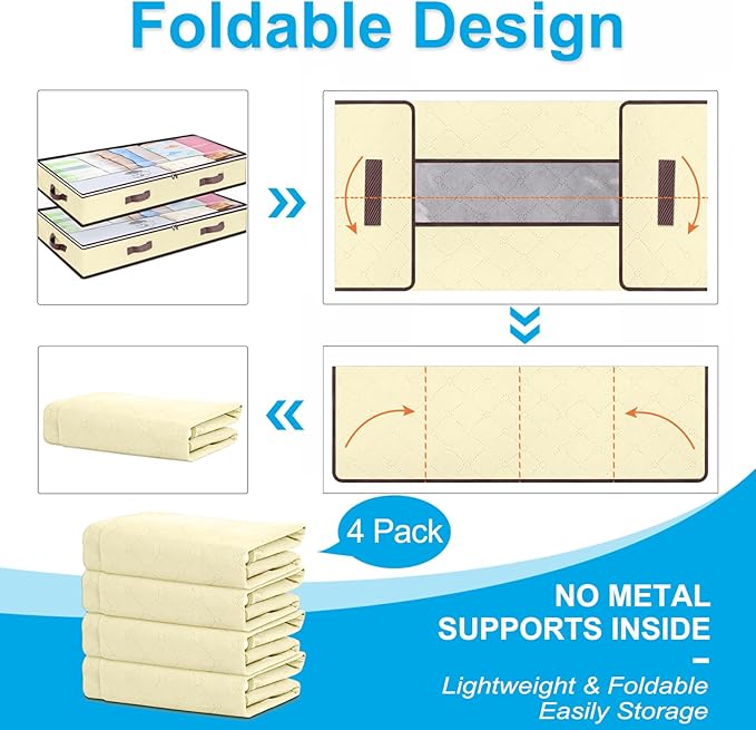 90L Under Bed Storage Containers, Closet Organizers and Storage Bins, Foldable Underbed Storages Bags for Blankets, Towels, Comforter, Sweaters, Pillows, Linen Sheets, Wrapping Paper, 4 Pack Beige