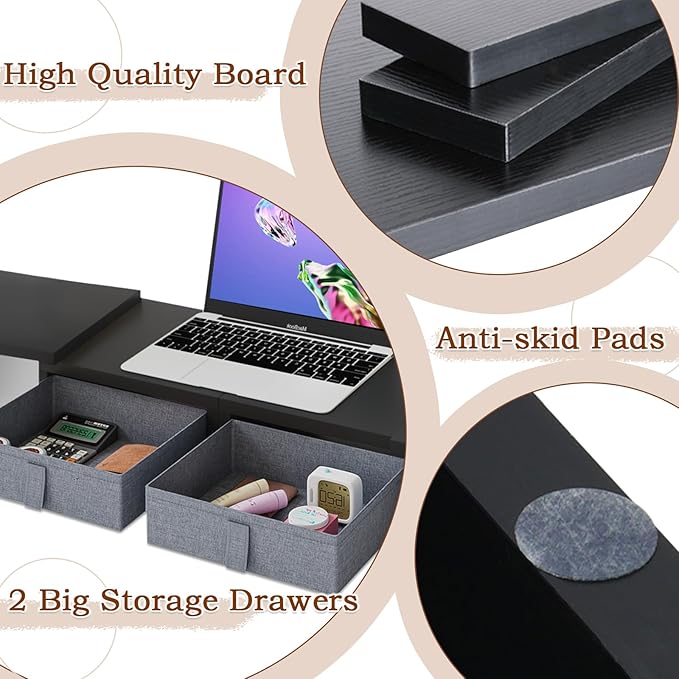 TEAMIX Wood Dual Monitor Stand Riser with Drawers-Length and Angle Adjustable Triple Monitor Stand with Storage Large Computer Riser for 2/3 Monitors/Laptops/PC/Printers