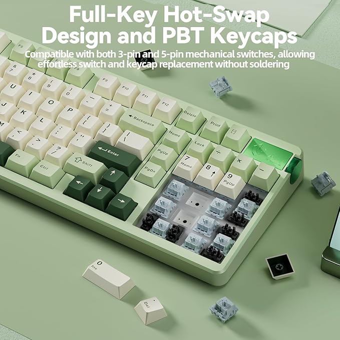 LEOBOG A98-96% Mechanical Keyboard Wireless, Tri-Mode BT5.0/2.4GHz/USB-C, Creamy Keyboard with Number Pad, Gasket Structure Hot Swappable, RGB Backlit Green Gaming Keyboard with Knob for PC