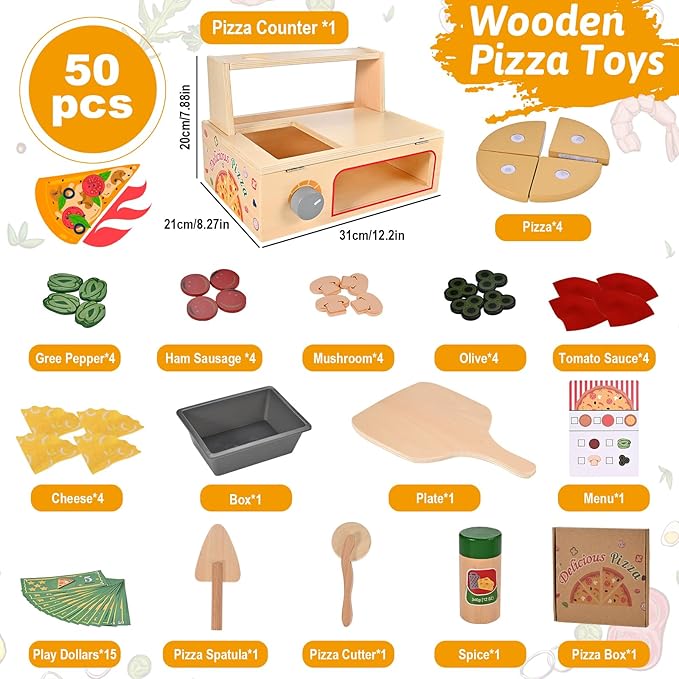 50 Pcs Wooden Pizza Toy, Montessori Pretend Play Toys, Wooden Pizza Counter Playset with Bake Oven, Play Food and Accessories, Cooking Pretend Play Toys for Boys Girls Age 3+
