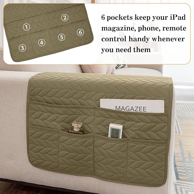 Sofa Armrest Organizer Arm Chair Caddy for Recliner, Remote Control Holder for Recliner, Non-Slip Armchair Caddy with 6 Pockets Storage for Magazine, Tablet, Phone, Dark Khaki